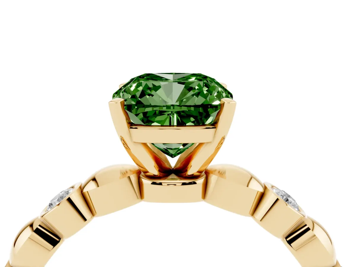 Fancy Green Cushion Cut Solitaire Bezel-Set Diamond Ring with Beaded Band and Four-Prong Setting Yellow gold
