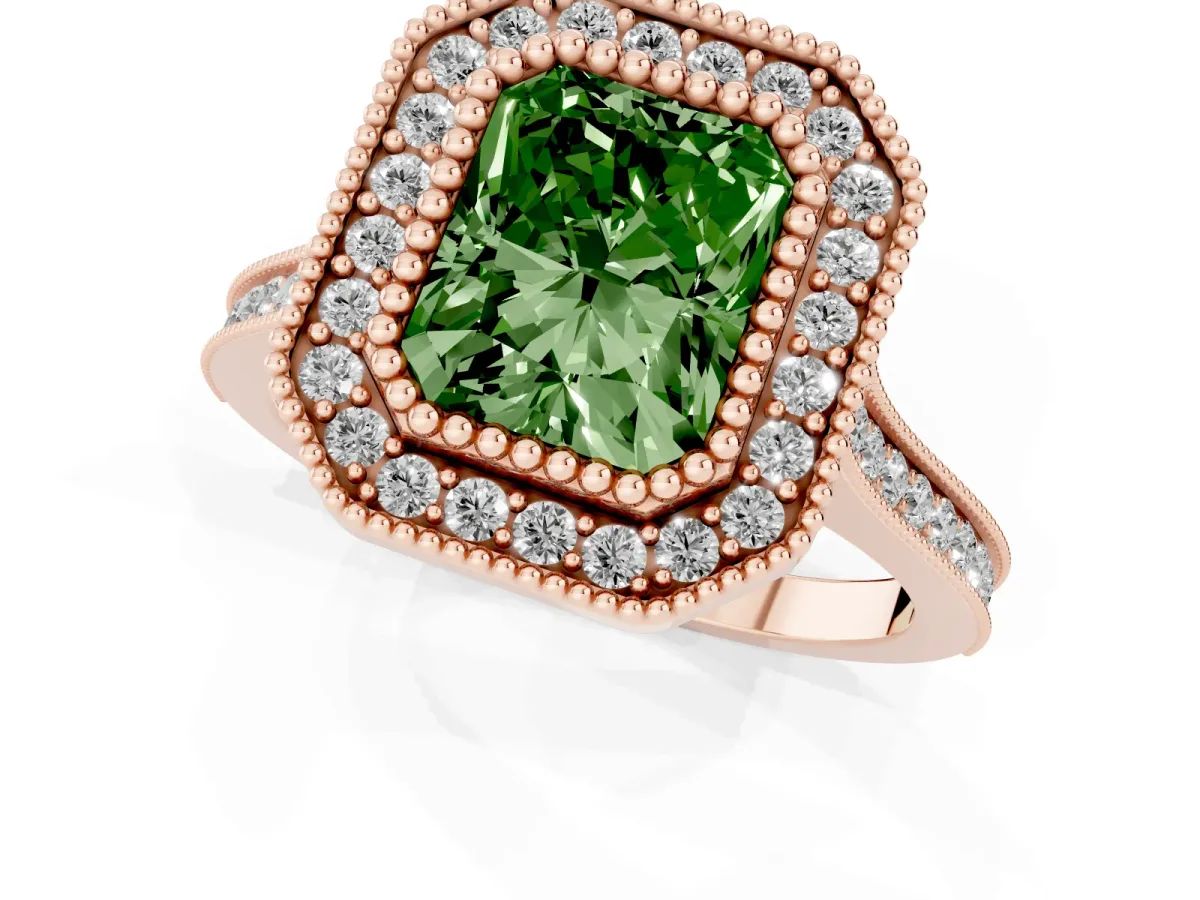Fancy Green Radiant Cut Diamond Halo Ring with Milgrain Frame and Pavé Band Rose gold