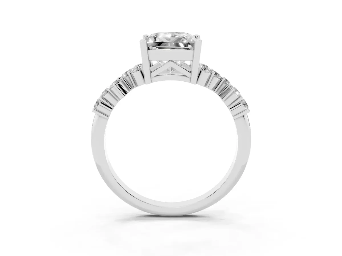 Princess Cut Diamond Scattered Round Accent Ring with Prong Setting Silver