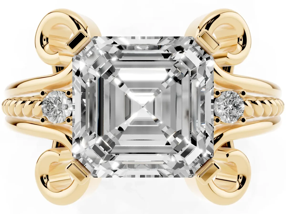 Asscher Cut Solitaire Twisted Band Scroll Prong Ring Yellow gold