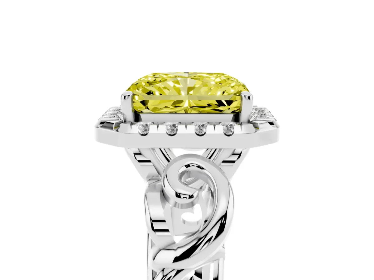 Fancy Yellow Radiant Cut Cut Halo Diamond Ring with Scrollwork Band and Four-Prong Setting Silver