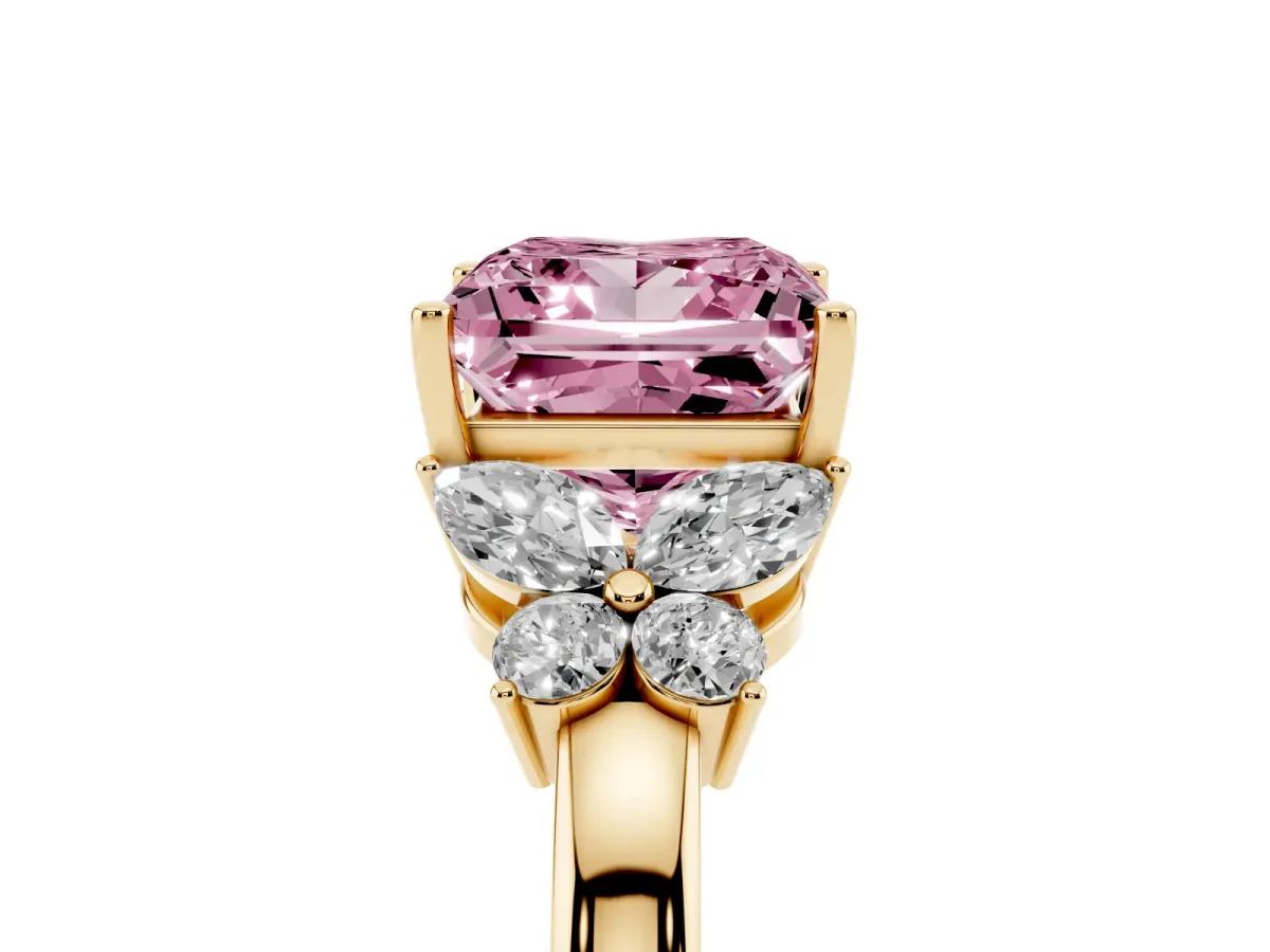 Fancy Pink Princess Cut Cut Solitaire Floral Diamond Ring with Four-Prong Setting Yellow gold