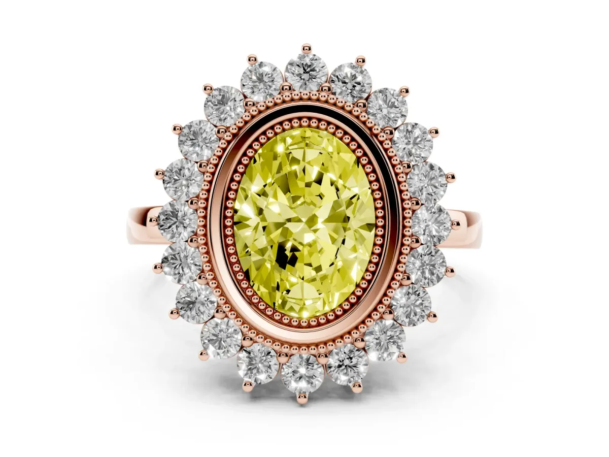 Fancy Yellow Oval Cut Halo Diamond Ring with Milgrain Edge and Round Prong Setting Rose gold