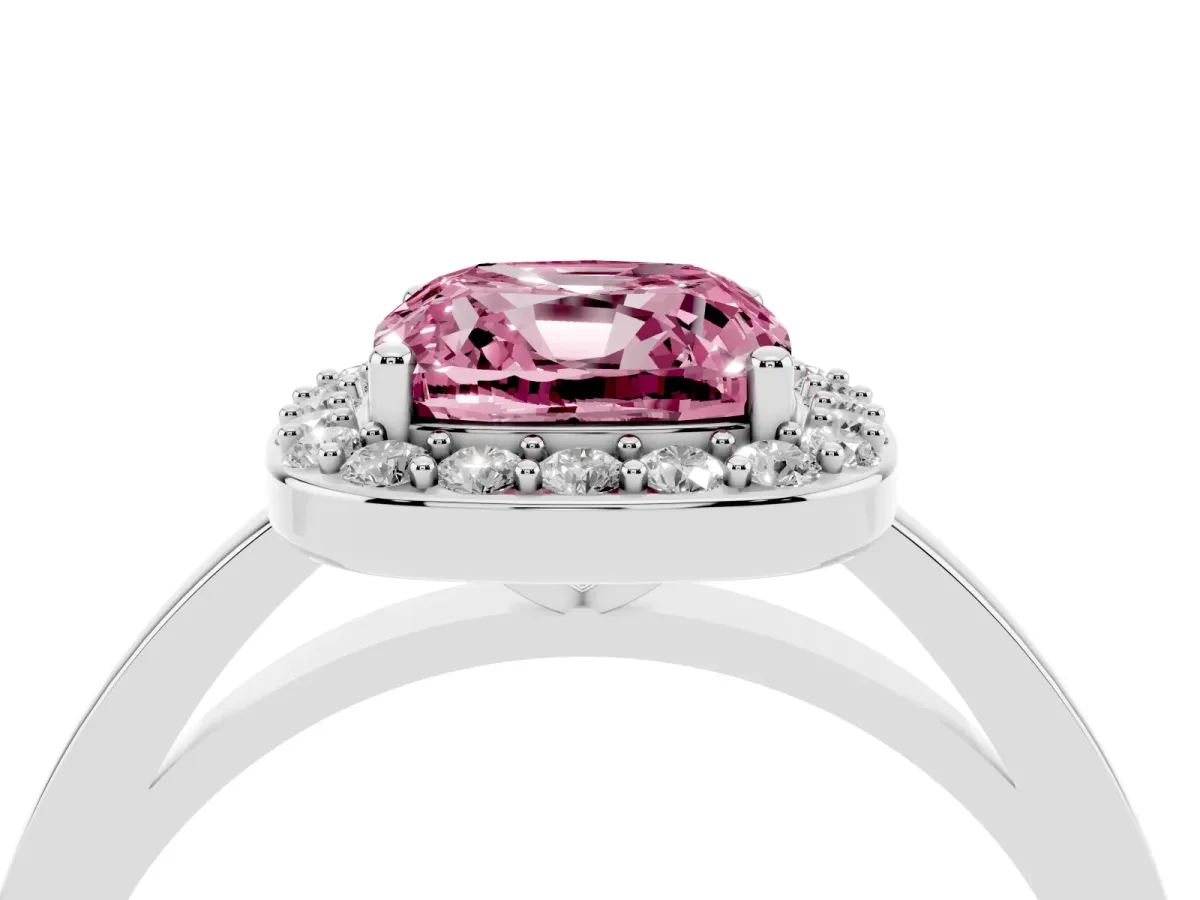 Fancy Pink Cushion Cut Halo Diamond Ring with Solitaire Band and Prong Setting Silver