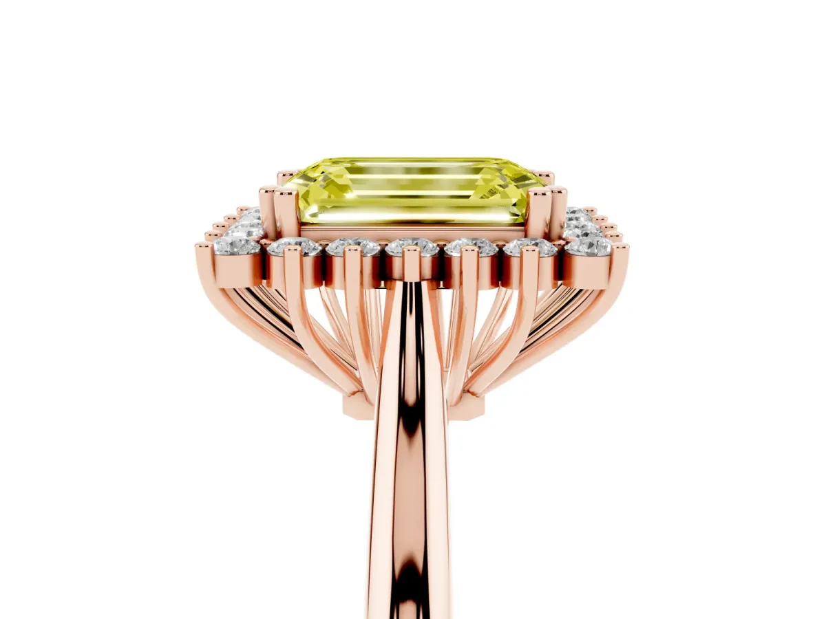Fancy Yellow Emerald Cut Cut Diamond Halo Ring with Solitaire Band and Prong Setting Rose gold