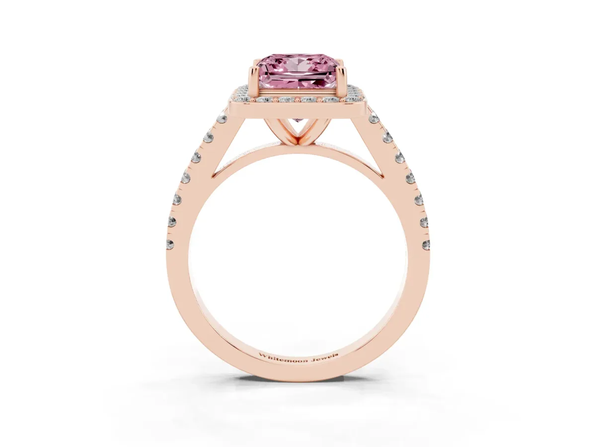 Fancy Pink Princess Cut Diamond Halo Ring with Round Pavé Split Shank and Prong Setting Rose gold