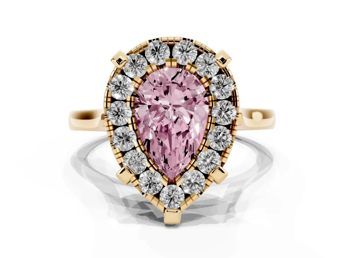 Fancy Pink Pear Cut Diamond Cluster Halo Solitaire with Four-Prong Setting Yellow gold