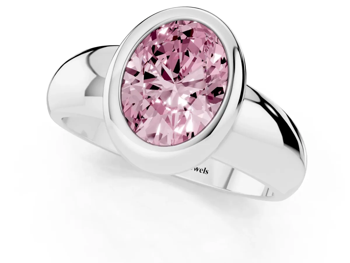 Fancy Pink Bezel Set Oval Cut Solitaire Ring with Wide Band Platinum