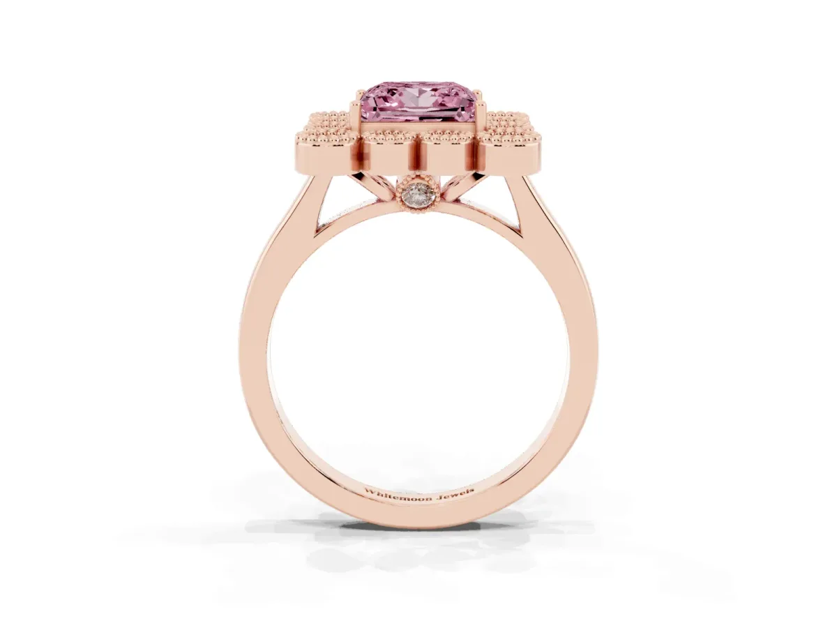 Fancy Pink Princess Cut Halo Diamond Cluster Engagement Ring with Milgrain Bezel Setting and Solitaire Band Rose gold