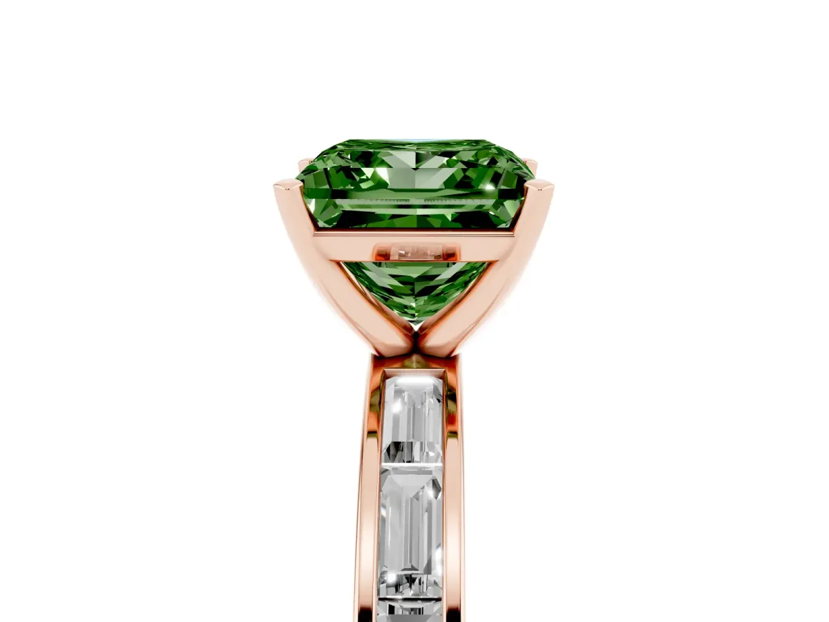 Fancy Green Princess Cut Solitaire Diamond Ring with Channel-Set Baguette Band and Four-Prong Setting Rose gold