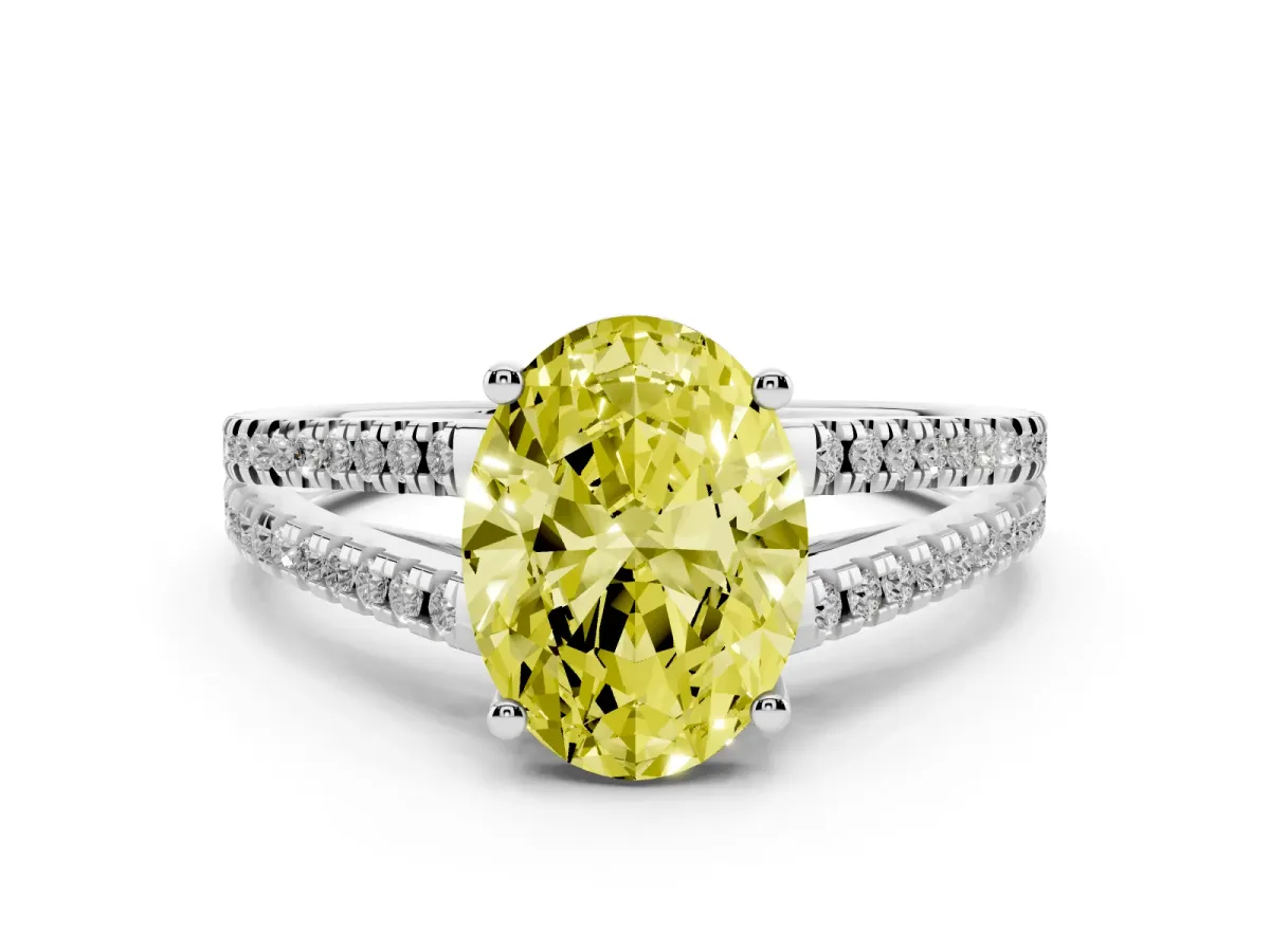 Fancy Yellow Oval Cut Diamond Solitaire Engagement Ring with Split Shank Pavé Band Platinum