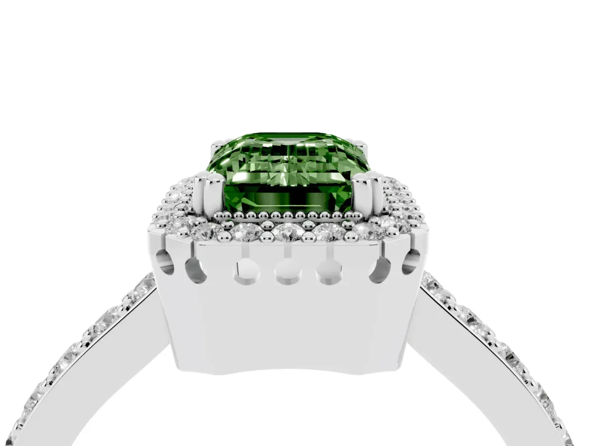 Fancy Green Emerald Cut Cut Diamond Halo Engagement Ring with Milgrain Detail and Pavé Band Silver