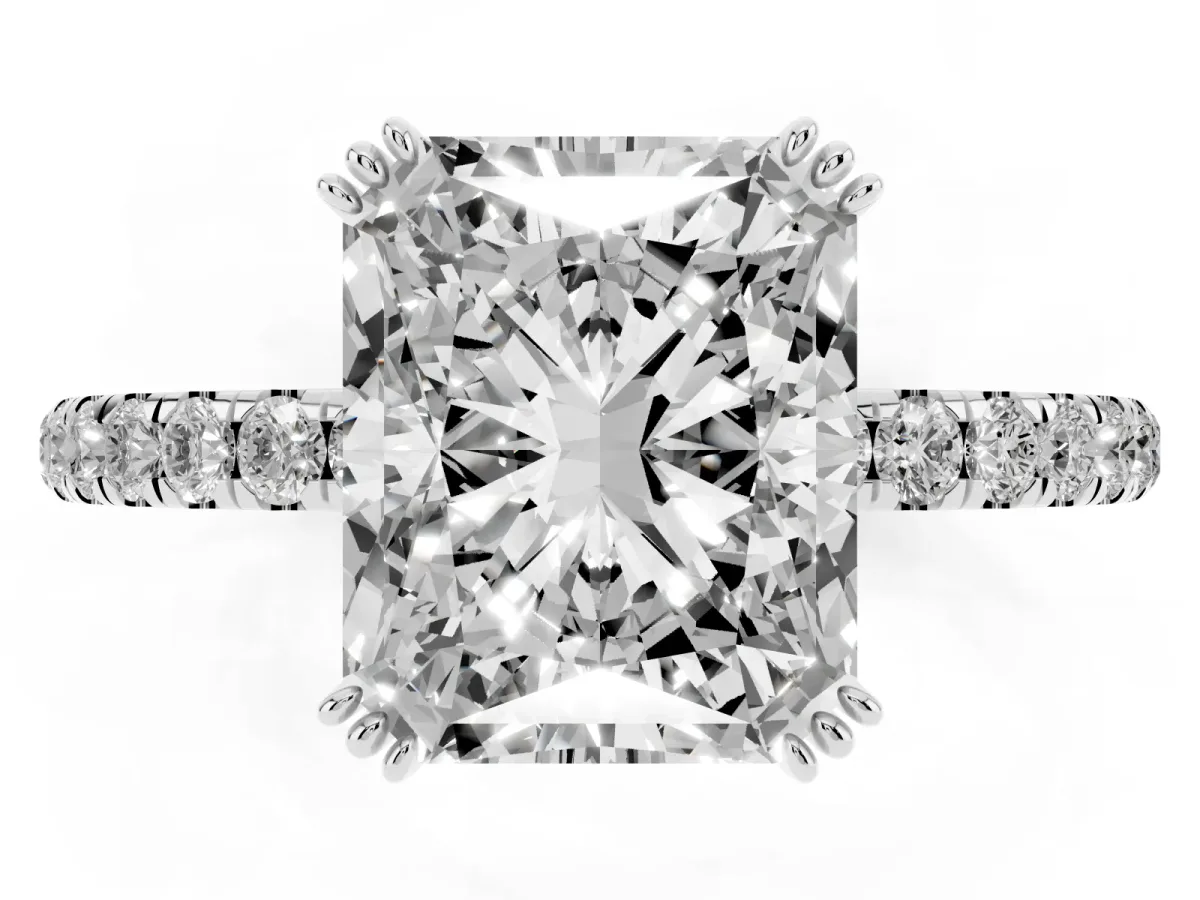 Radiant Cut Brilliant Solitaire with Pavé Band and Claw Prong Setting Silver