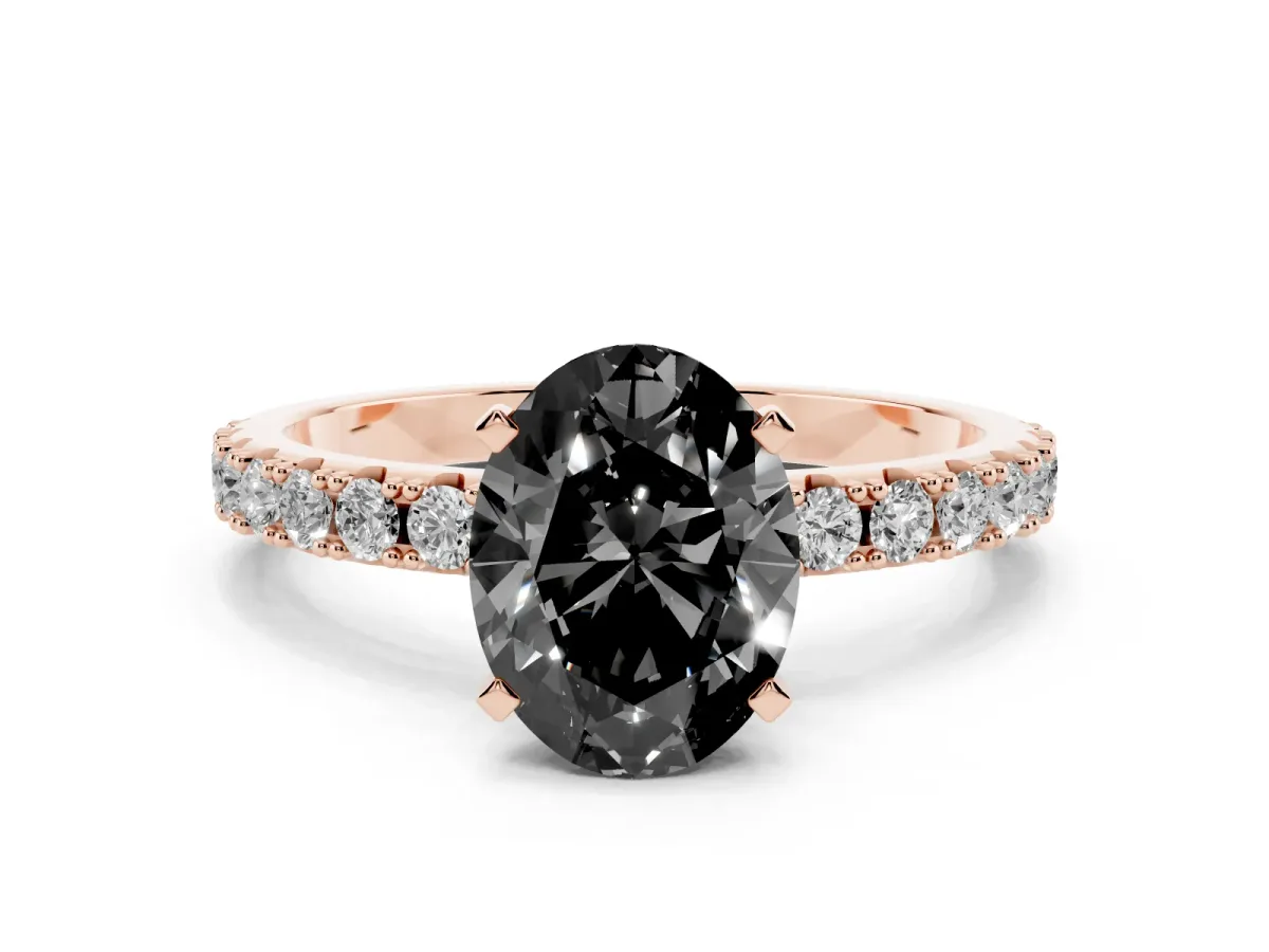 Fancy Black Oval Cut Diamond Solitaire Pavé Band with Four-Prong Setting Rose gold