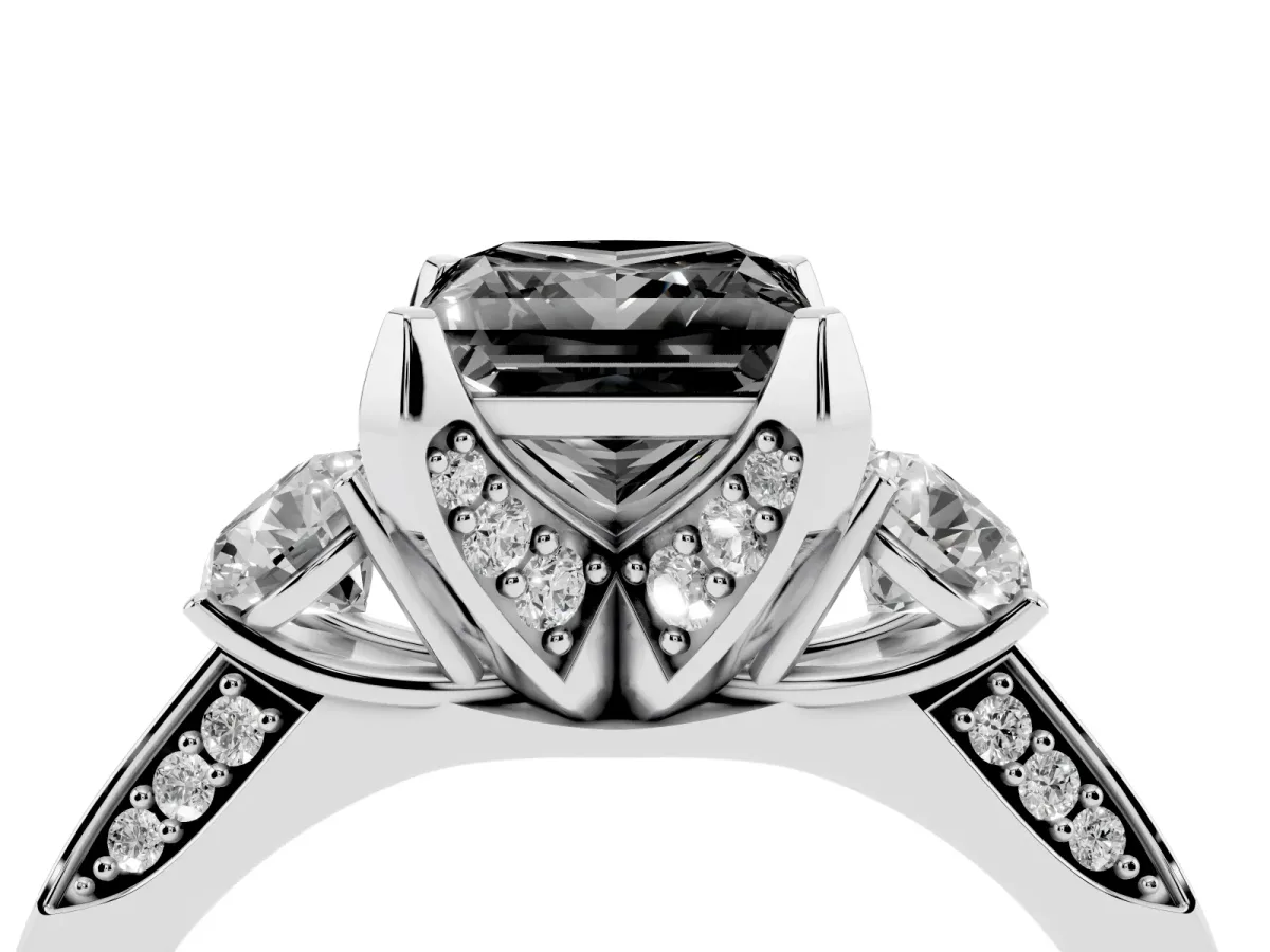 Fancy Black Princess Cut Brilliant Three-Stone Diamond Ring with Pavé Band and Four-Prong Setting Silver