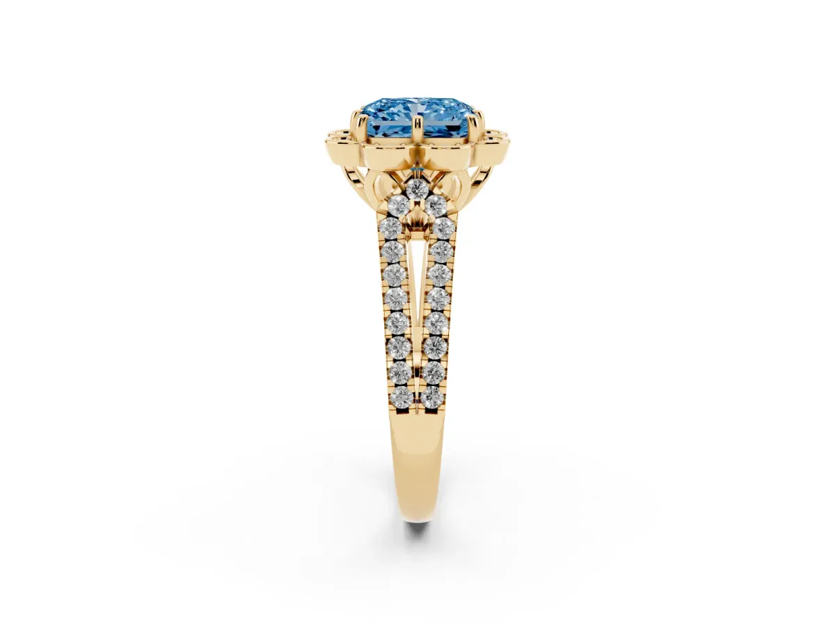 Fancy Blue Radiant Cut Halo Diamond Floral Split Shank Engagement Ring Yellow gold