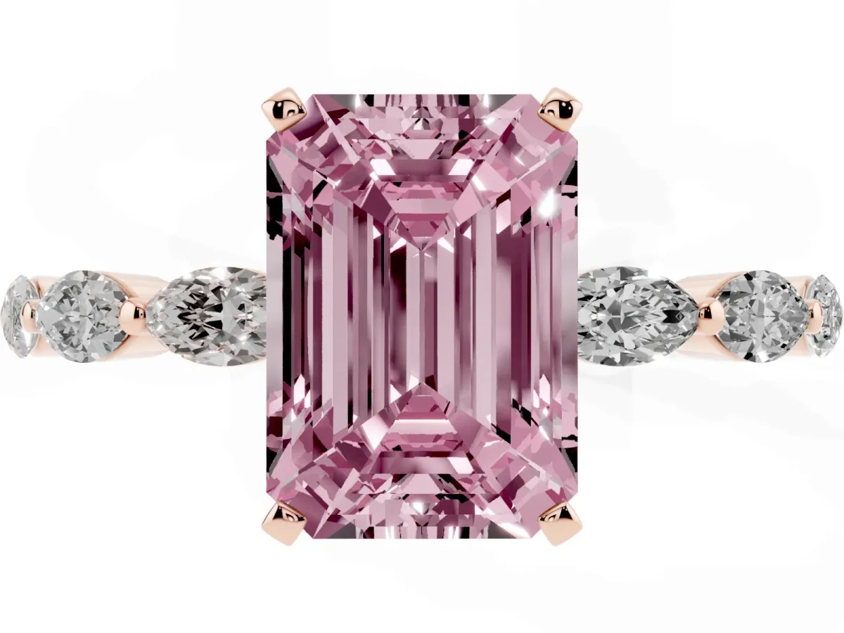 Fancy Pink Emerald Cut Diamond Ring with Marquise Side Stones and Prong Setting Rose gold