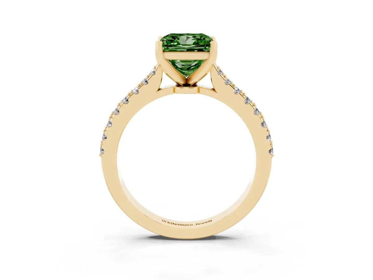Fancy Green Princess Cut Cut Solitaire Diamond Engagement Ring with Pave Band and Four-Prong Setting Yellow gold