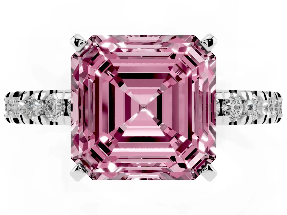 Fancy Pink Asscher Cut Solitaire Diamond with Pavé Band and Four-Prong Setting Platinum