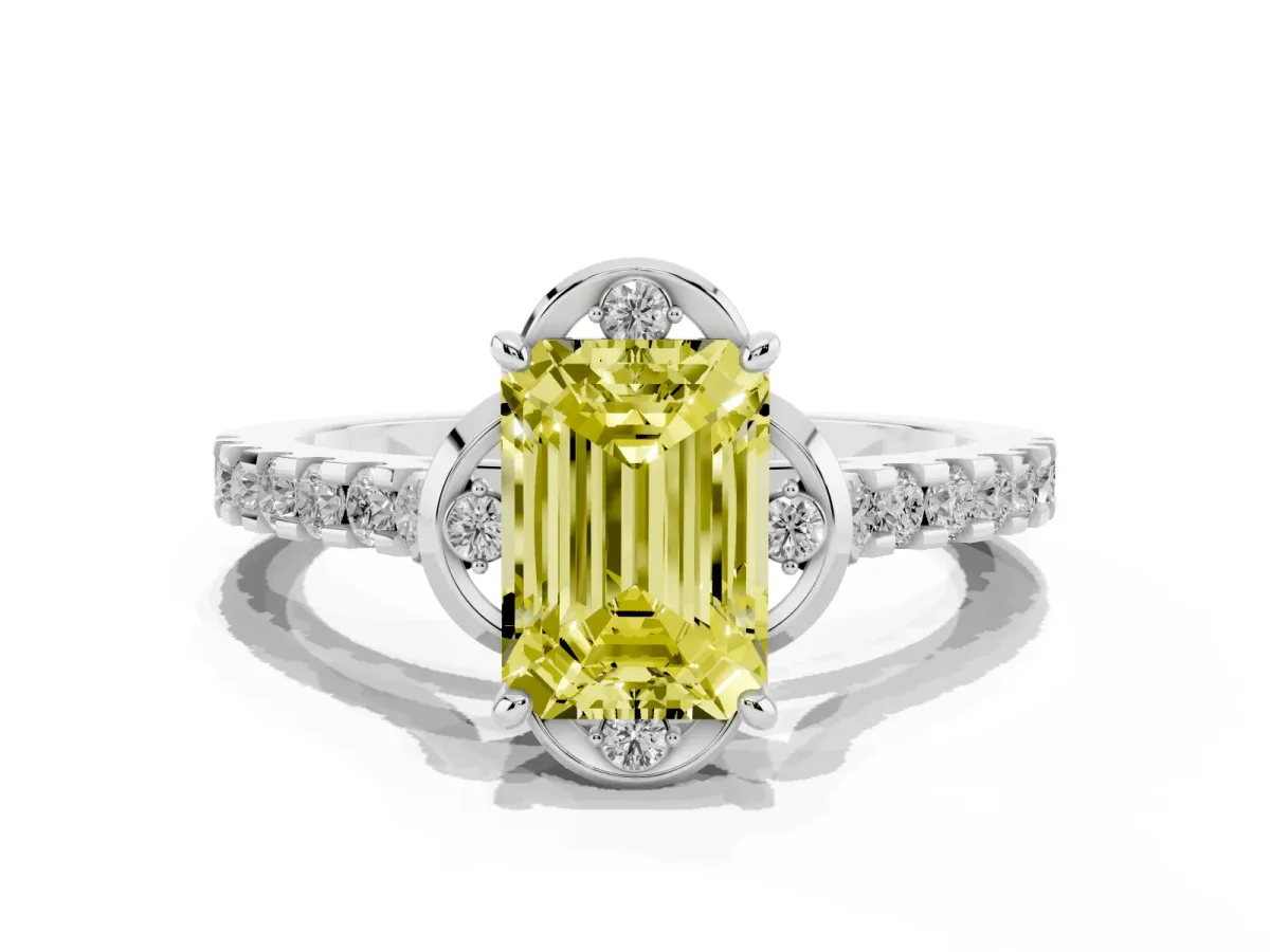 Fancy Yellow Emerald Cut Diamond Ring with Pavé Band and Floral Prong Setting Silver