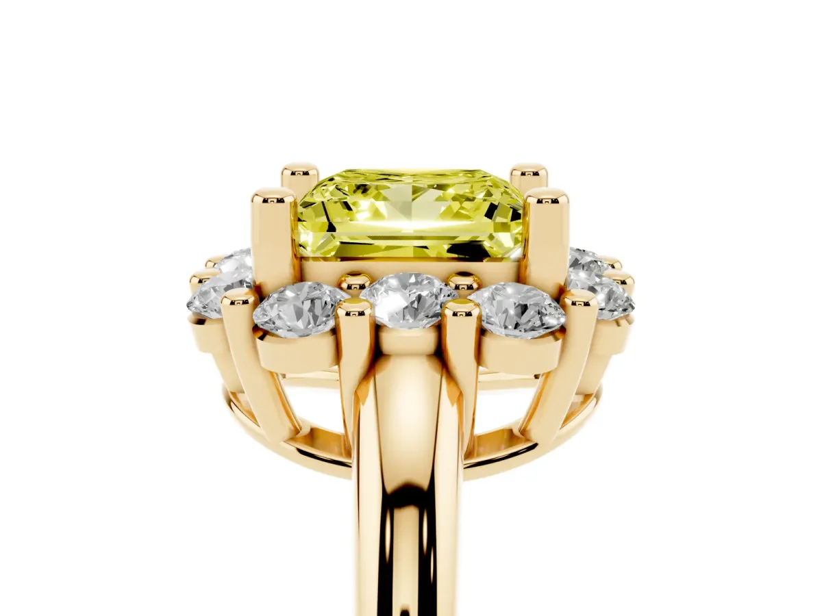 Fancy Yellow Princess Cut Halo Cluster Diamond Engagement Ring with Prong Setting and Polished Band Yellow gold