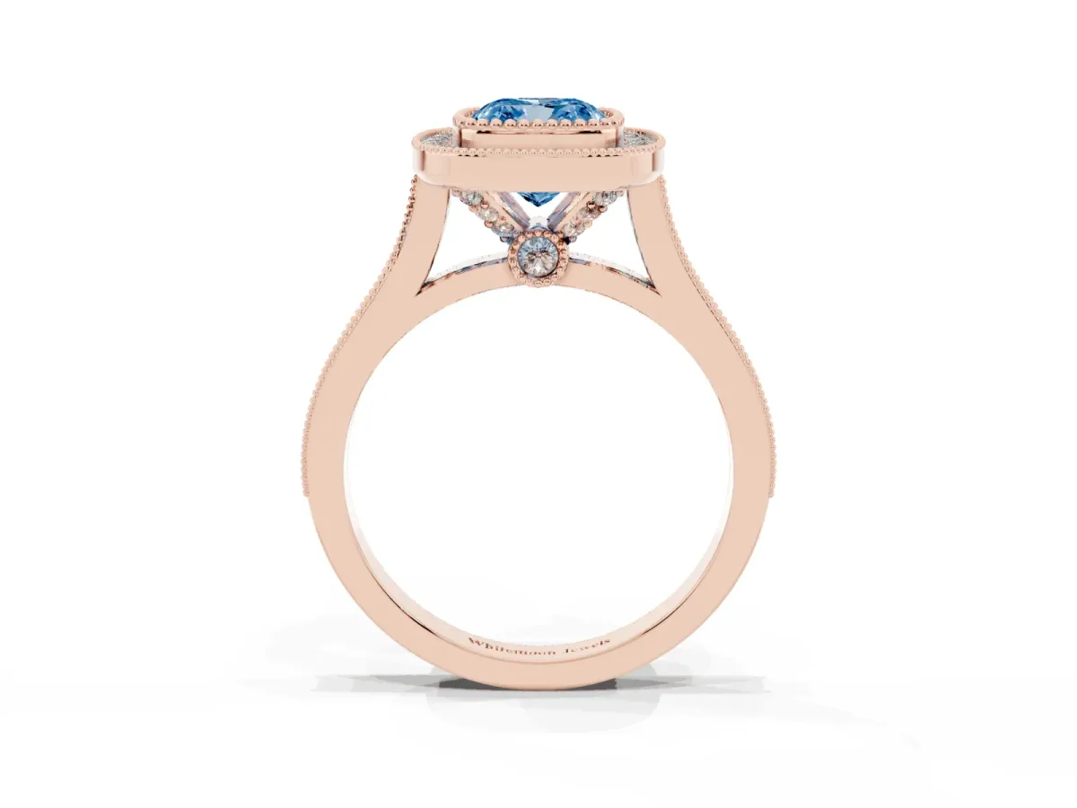 Fancy Blue Cushion Cut Diamond Halo Ring with Milgrain Frame and Pavé Band Rose gold