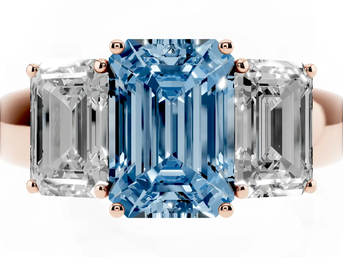 Fancy Blue Three-Stone Emerald Cut Cut Diamond Ring with Prong Setting and Classic Band Rose gold