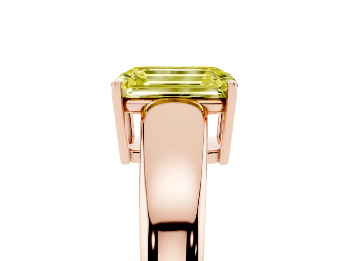 Fancy Yellow Emerald Cut Solitaire Diamond Ring with Tapered Band and Four-Prong Setting Rose gold