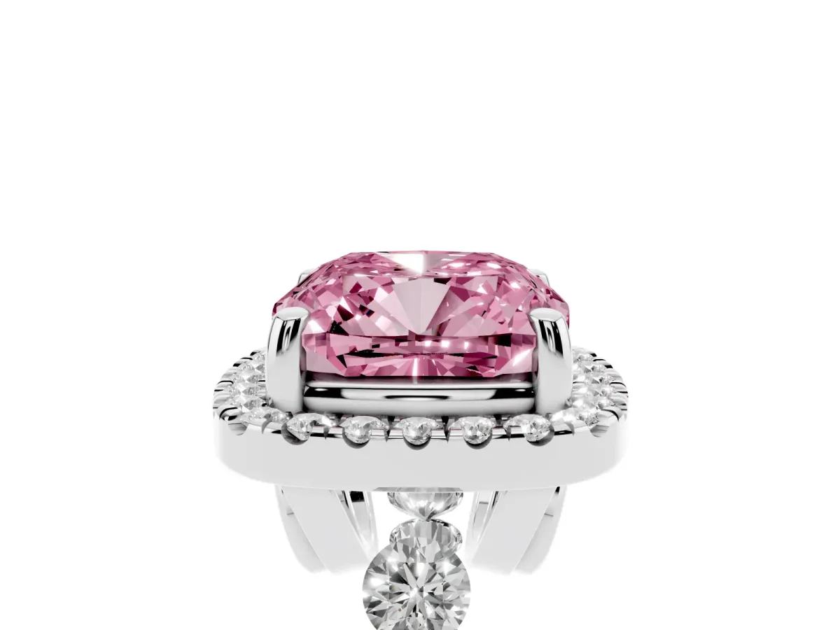 Fancy Pink Cushion Cut Halo Pavé Diamond Engagement Ring with Four-Prong Setting Silver
