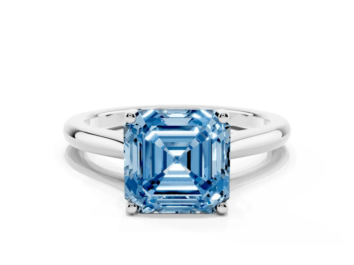 Fancy Blue Asscher Cut Cut Solitaire Ring with Cathedral Band and Four-Prong Setting Silver