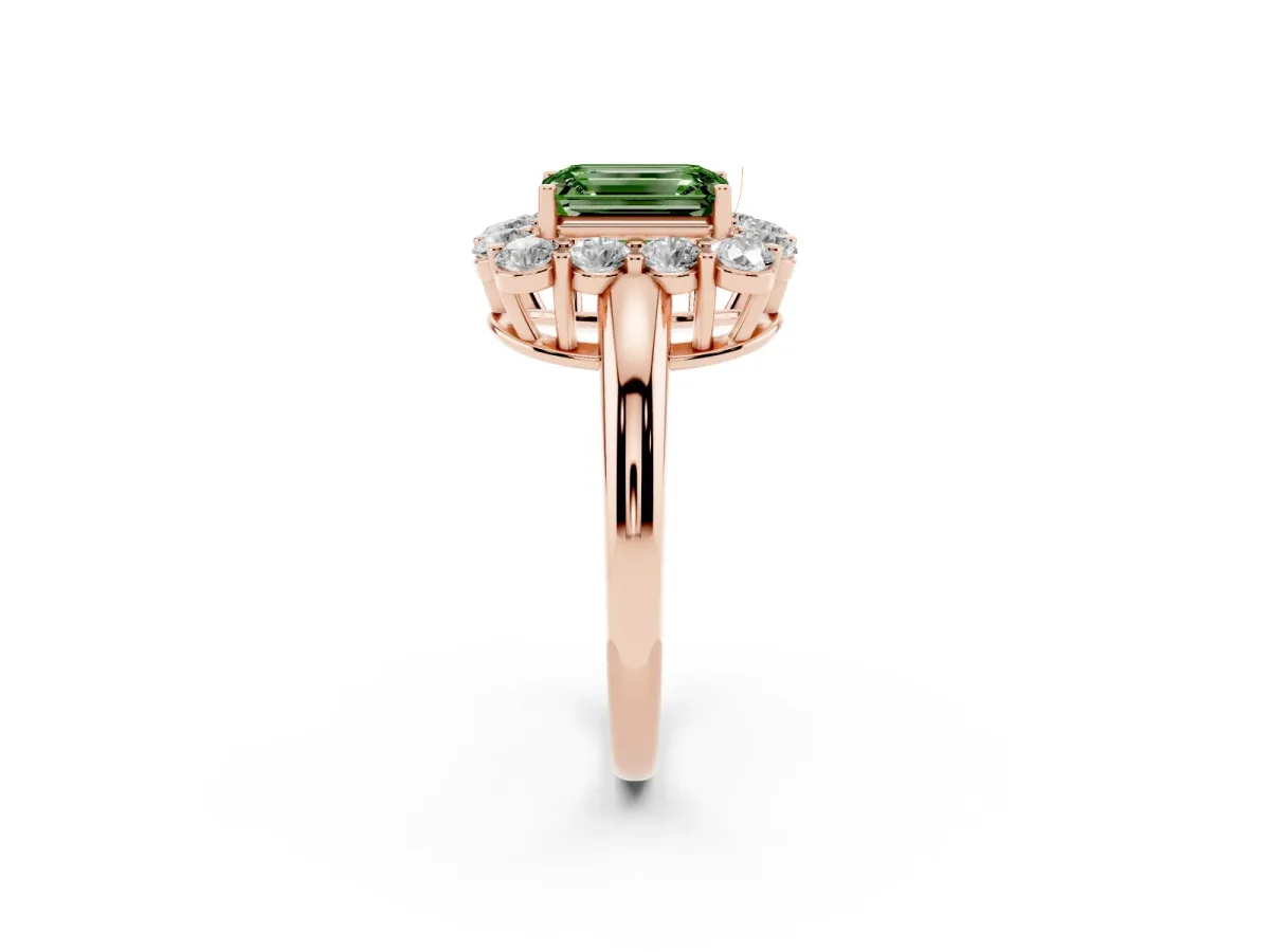 Fancy Green Emerald Cut Halo Cluster Diamond Engagement Ring with Prong Setting and Polished Band Rose gold