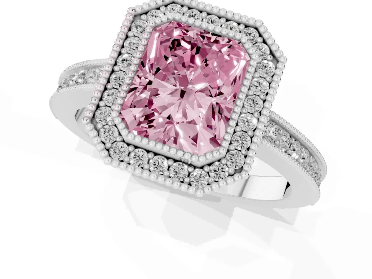 Fancy Pink Radiant Cut Cut Halo Diamond Ring with Pavé Band and Milgrain Prong Setting Platinum