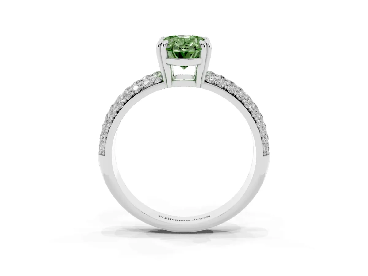 Fancy Green Oval Cut Diamond Solitaire Ring with Multi-Row Round Pavé Band and Prong Setting Silver