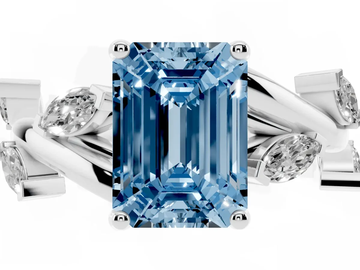 Fancy Blue Emerald Cut Solitaire Twisted Band Marquise Accent Prong Setting Ring Platinum