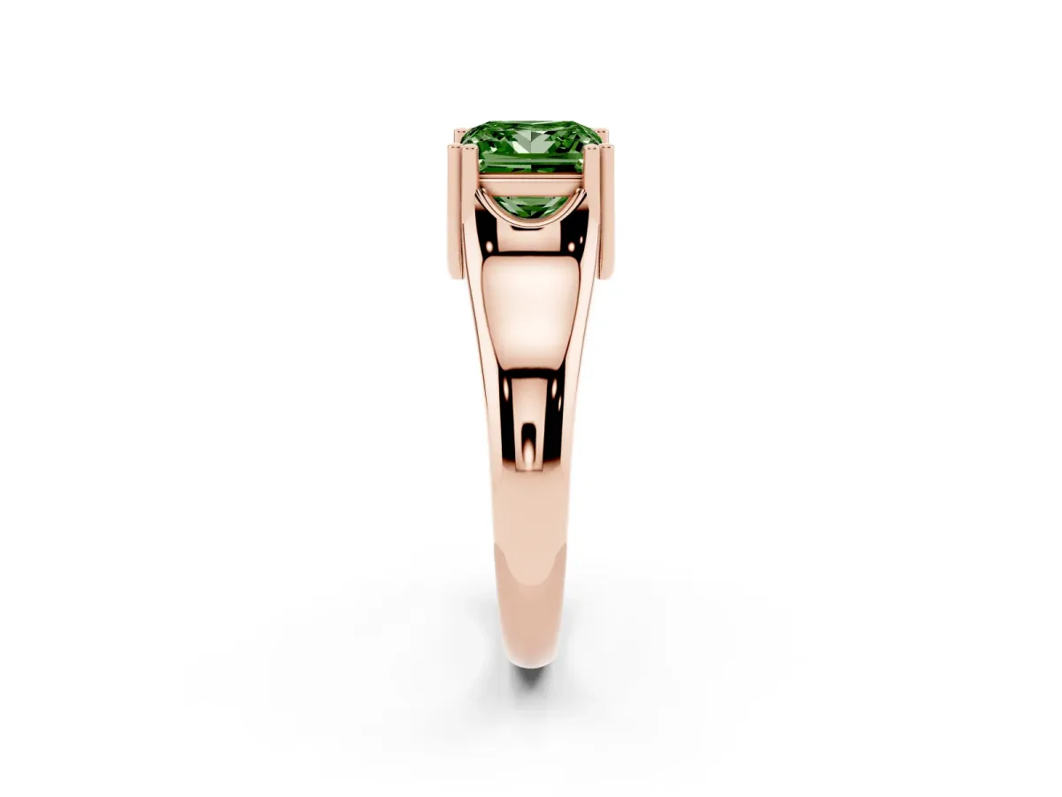 Fancy Green Princess Cut Diamond Solitaire Ring with Wide Band and Prong Setting Rose gold