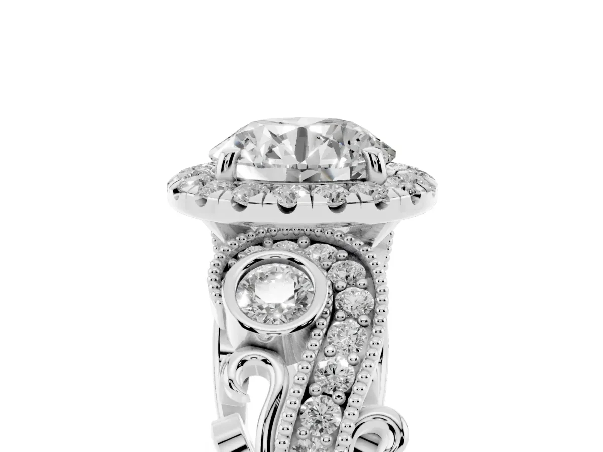 Round Cut Halo Diamond Ring with Milgrain and Bezel Accents on a Split Shank Band White gold