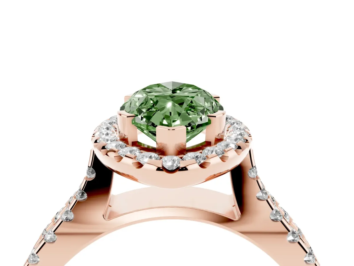Fancy Green Marquise Cut Diamond Halo Ring with Split Shank Pavé Band and Prong Setting Rose gold