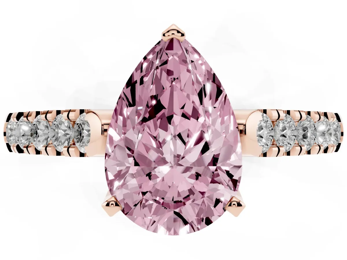 Fancy Pink Pear Cut Diamond Pavé Band Solitaire Ring with Prong Setting Rose gold