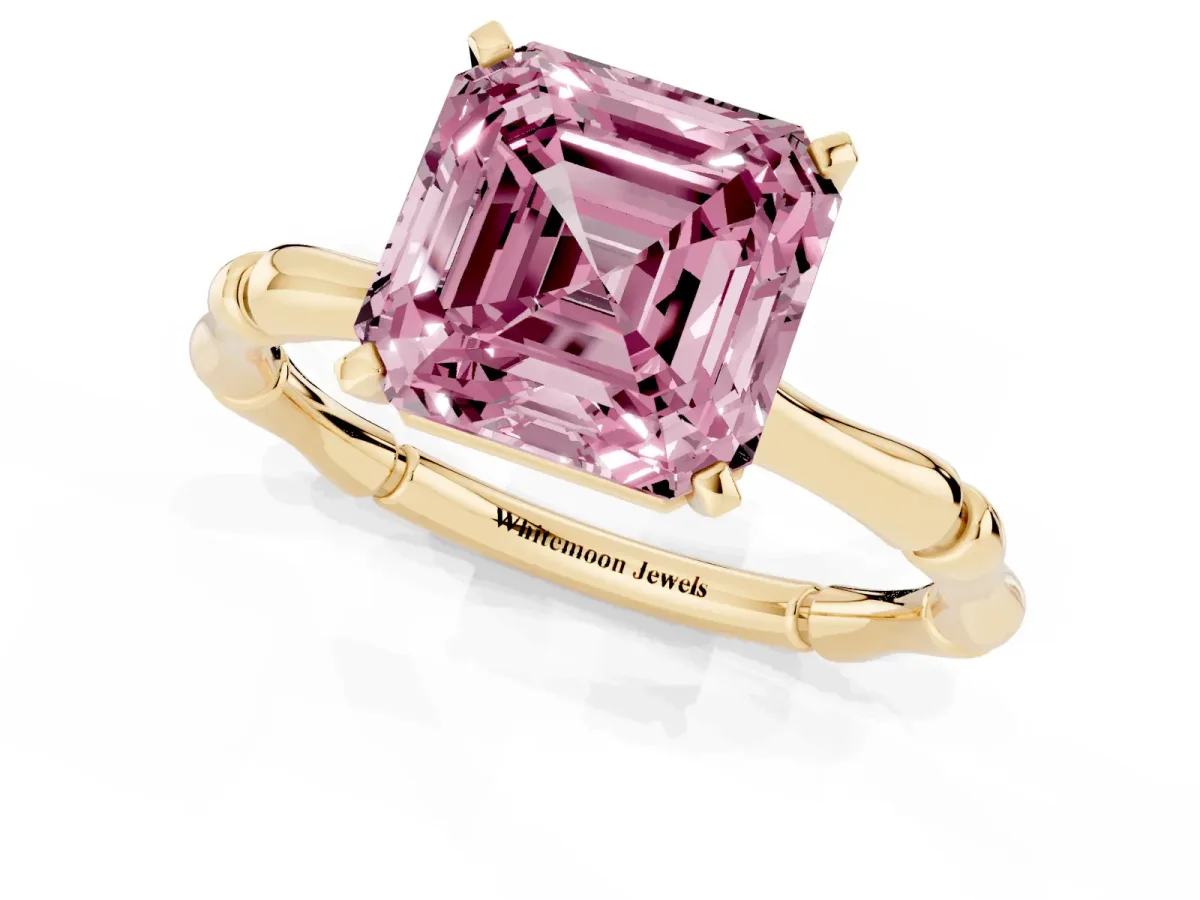 Fancy Pink Asscher Cut Solitaire Diamond Ring with Bamboo Band and Four-Prong Setting Yellow gold