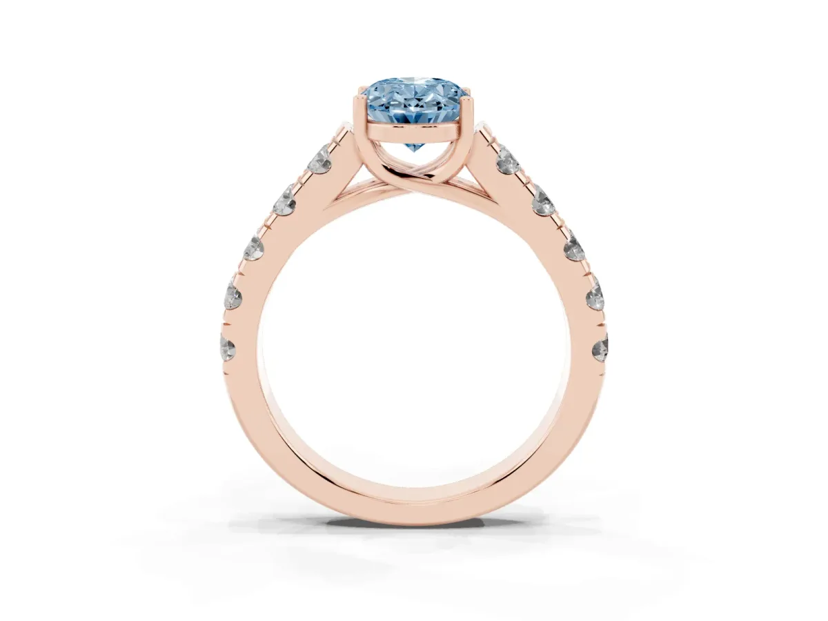 Fancy Blue Oval Cut Cut Diamond Solitaire Ring with Micro Pave Band and Prong Setting Rose gold