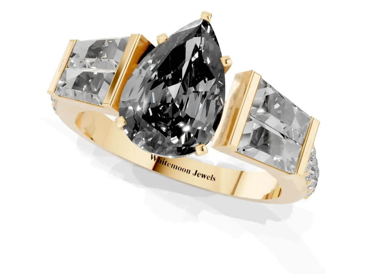 Fancy Black Pear Cut Diamond Engagement Ring with Baguette Side Stones and Channel Set Band Yellow gold