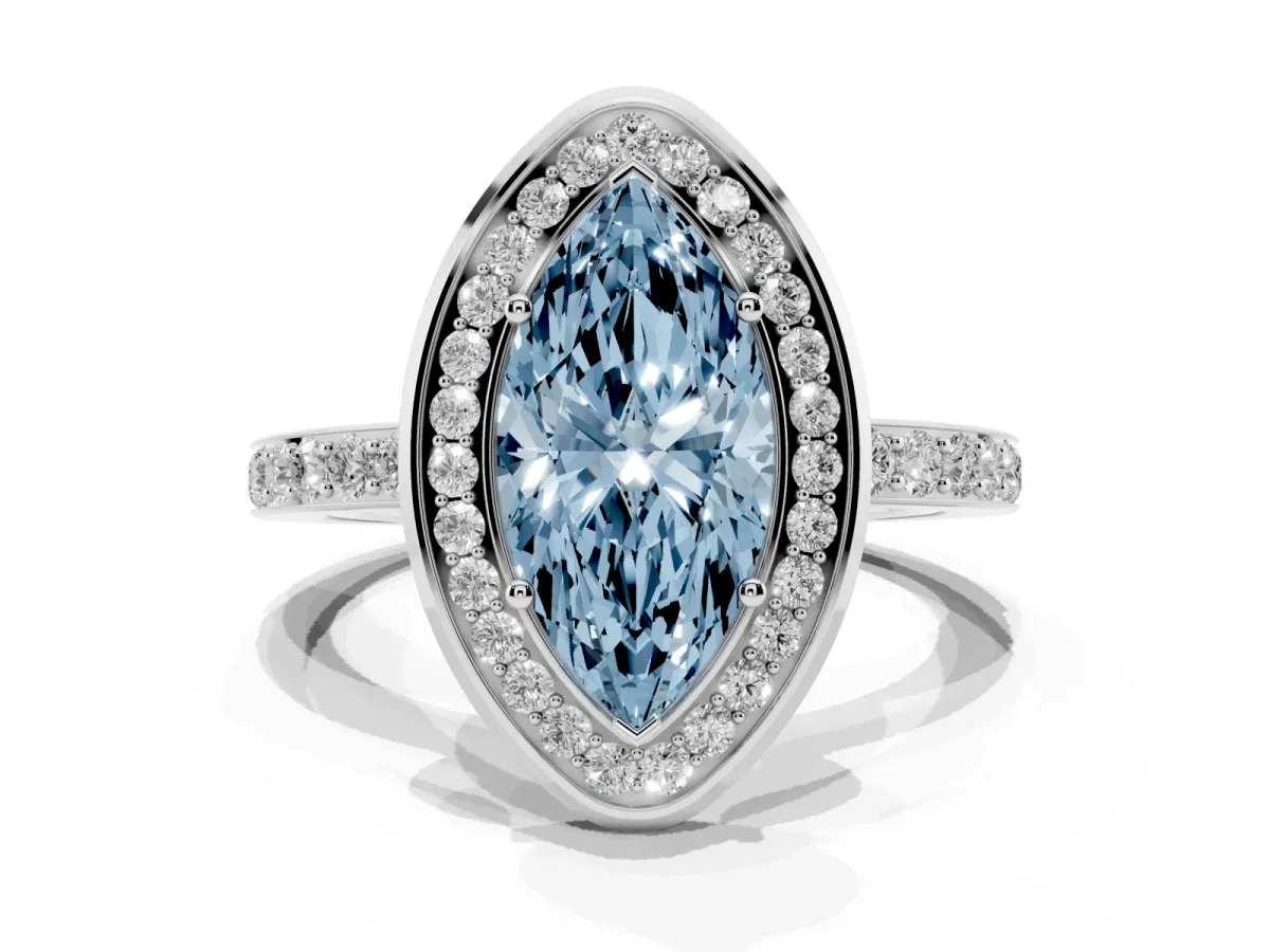 Fancy Blue Marquise Cut Diamond Halo Ring with Bezel Frame and Pavé Band Silver