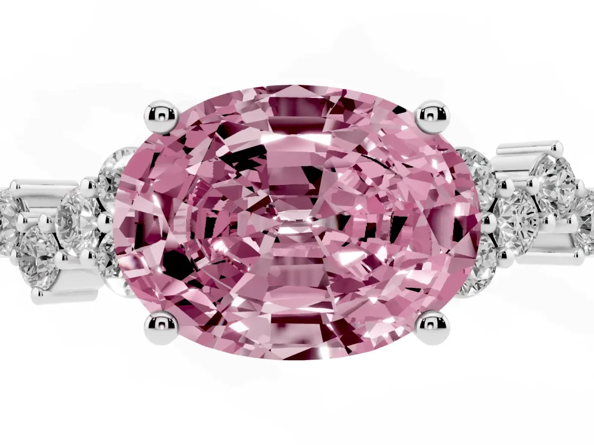 Fancy Pink Oval Cut Diamond Scattered Round Accent Ring with Prong Setting Platinum