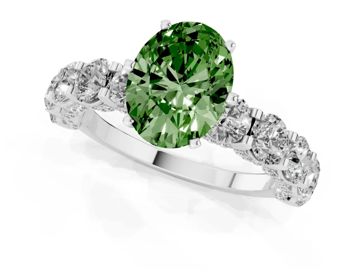 Fancy Green Oval Cut Diamond Side Stone Engagement Ring with Four-Prong Setting Silver