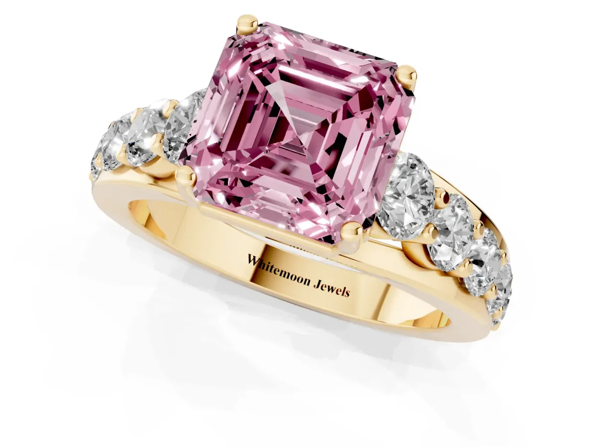 Fancy Pink Asscher Cut Diamond Engagement Ring with Pavé Band and Four-Prong Setting Yellow gold