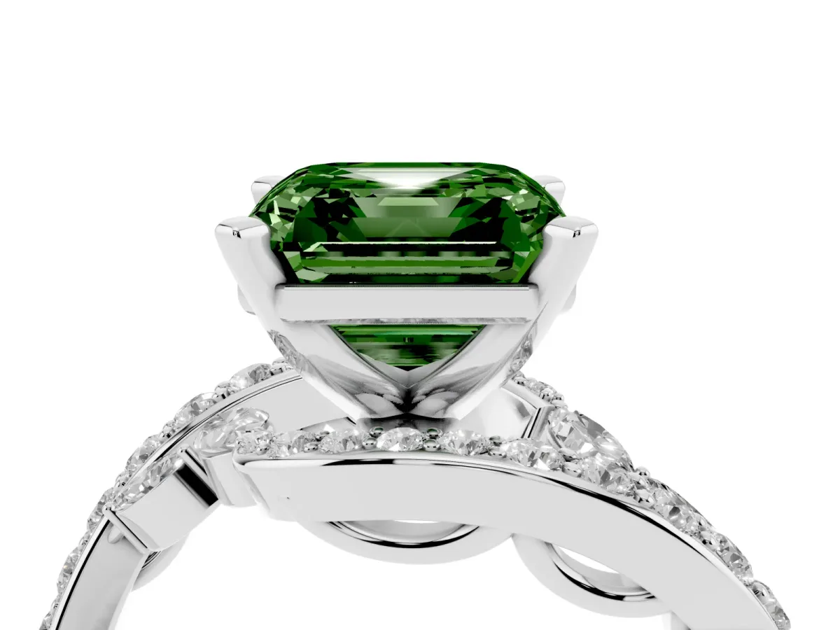 Fancy Green Asscher Cut Solitaire with Pavé Twist Band and Four-Prong Setting Silver
