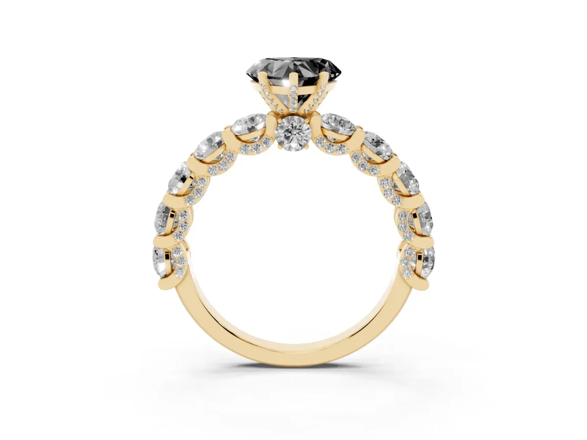 Fancy Black Heart Cut Diamond Side Stone Engagement Ring with Four-Prong Setting Yellow gold