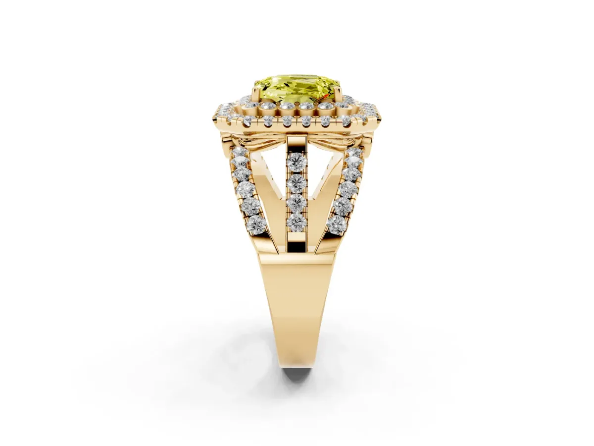 Fancy Yellow Emerald Cut Diamond Double Halo Ring with Round Pavé Split Shank and Prong Setting Yellow gold