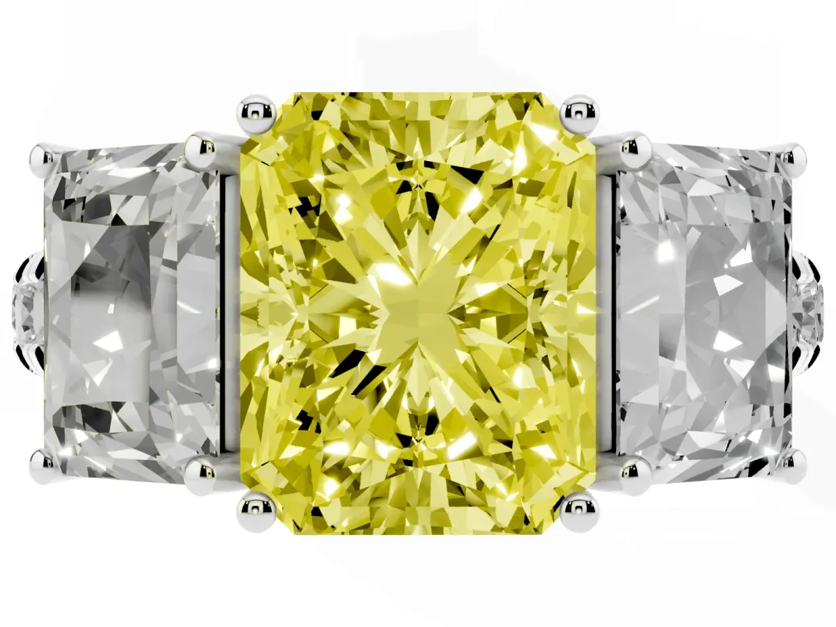 Fancy Yellow Three-Stone Radiant Cut Diamond Pavé Band with Prong Setting Silver