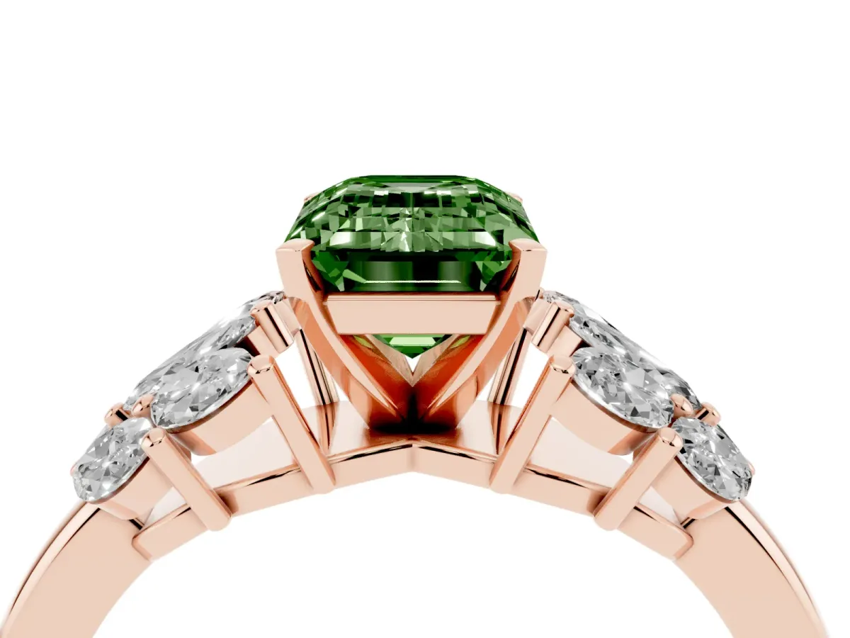 Fancy Green Emerald Cut Diamond Cluster Leaf Design Ring with Prong Setting Rose gold